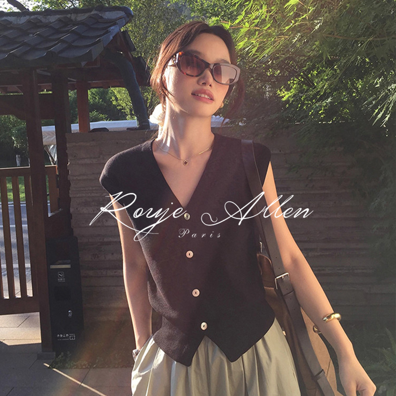 French Rouje Allen Elegant V-Neck Knitted Sleeveless Vest for Women, Summer Ice Silk Outerwear Cardigan Top