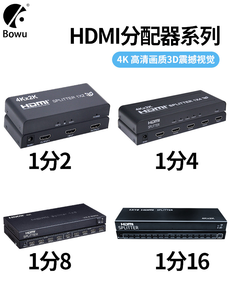 hdmi分配器1进4出4K一分四一分八三十1分2/8/16出监控视频高清信号HDMI分屏器一拖二六电脑电视机顶盒分支8K