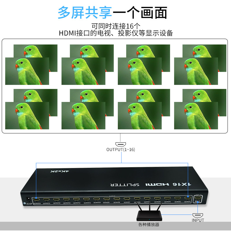 4K高清HDMI分配器1分16电视电脑监控分线器一进16出12出高清分频器支持3D视频HDMI一分十六十二口拼接屏