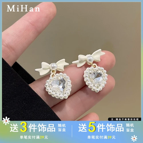 觅韩 Милая серебряная игла, белые серьги из жемчуга с бантиком, серебро 925 пробы