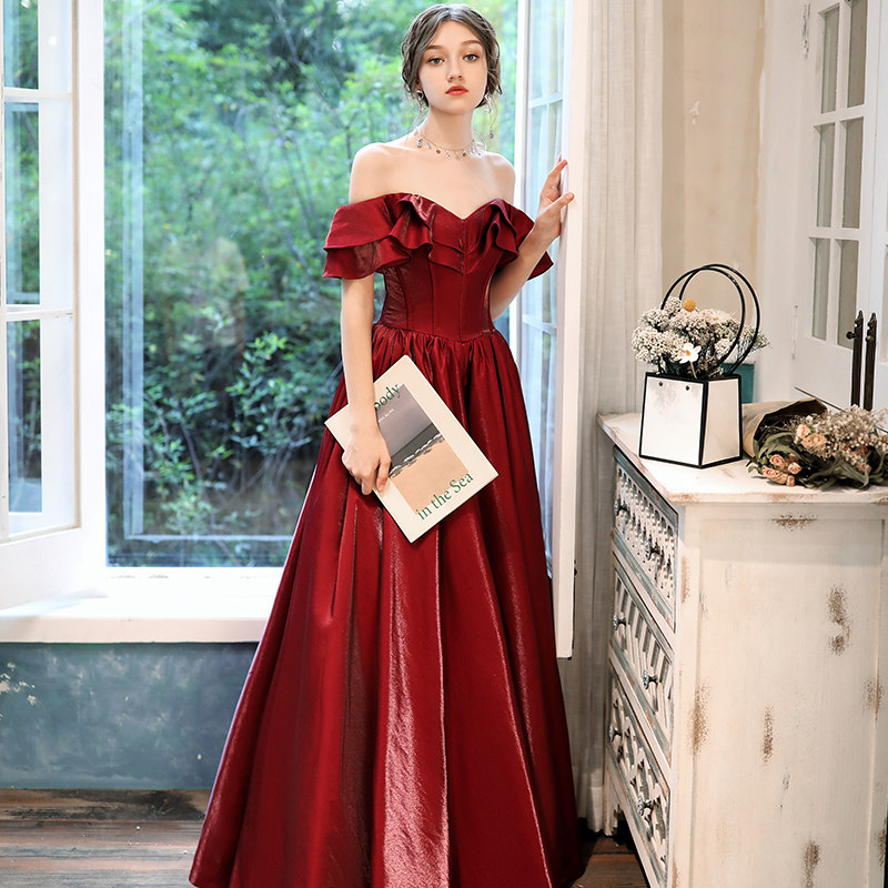 Toast to the bride to marry pregnant woman small child 2022 Summer new retro wine red cover Evening Dress Woman