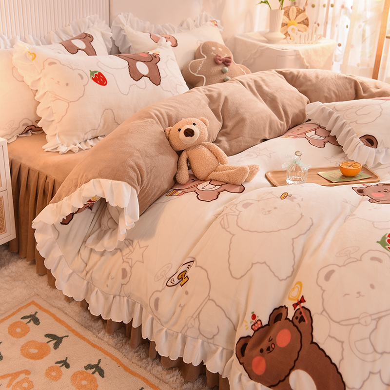 Autumn and winter lace bed skirt milk velvet bed four-piece set princess wind falai velvet bed sheet quilt cover crystal velvet
