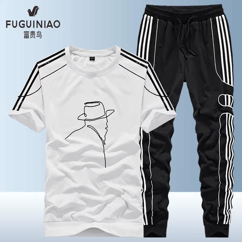 Rich bird cotton short-sleeved suit men's summer casual embroidered sportswear men's outdoor large size sports two-piece suit