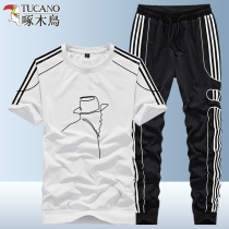 Woodpecker cotton short-sleeved suit mens summer casual embroidery sportswear mens outdoor plus-size sports two-piece suit