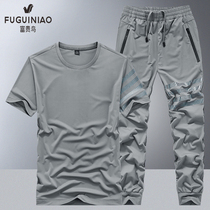 Rich bird short-sleeved suit mens summer thin ice silk breathable running sportswear outdoor leisure large size two-piece suit