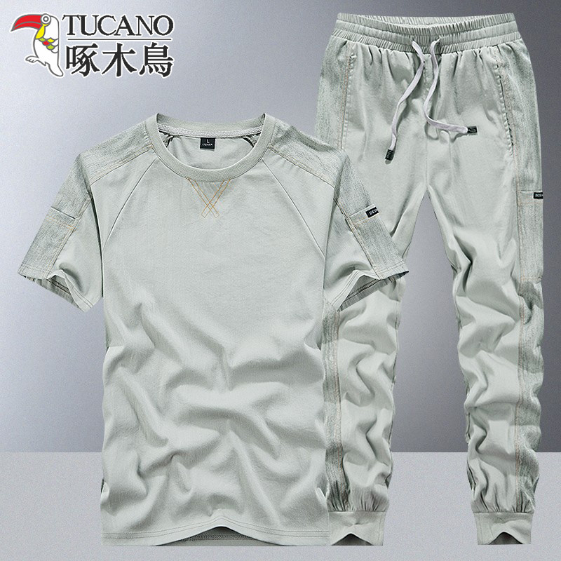 Woodpecker Summer Short Sleeve Package Men's Thin Ice Filament Breakthrough Sportwear Outdoor Casual Two-piece Set