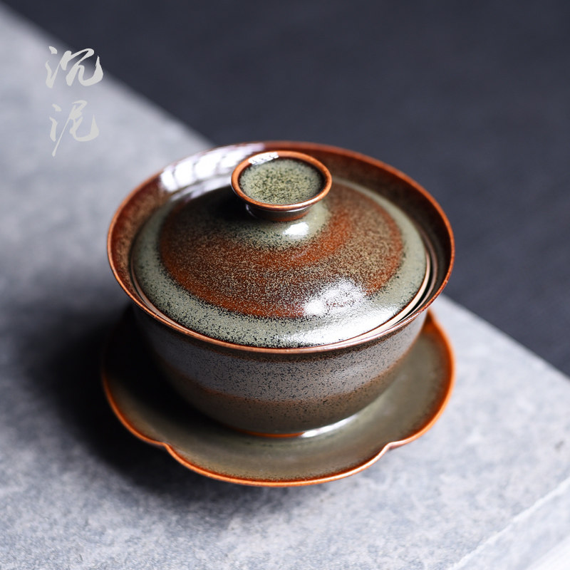Dragon Springs Green Porcelain Kiln Change Cover Bowl Single ceramic Not bronzed by hand toast Three-only bowl Heat resistant Home tea Tea Hand Imitation Ancient