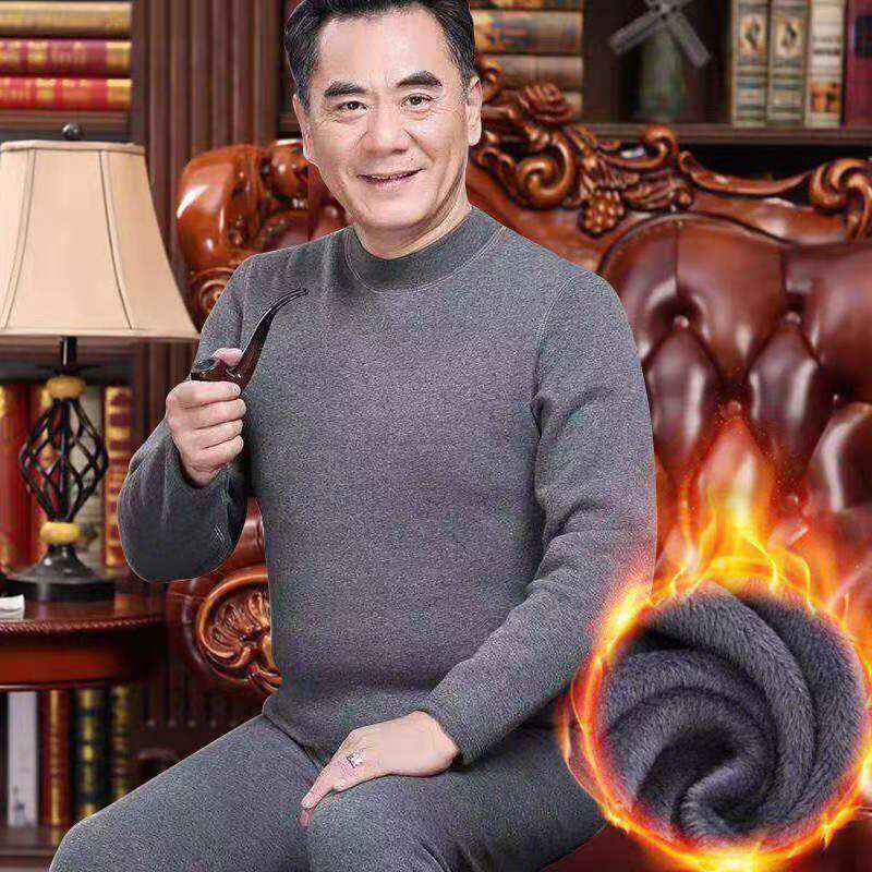 Middle-aged and elderly thermal underwear dad thickened plus velvet high-necked autumn clothes and long johns plus fat large size male grandpa suit winter