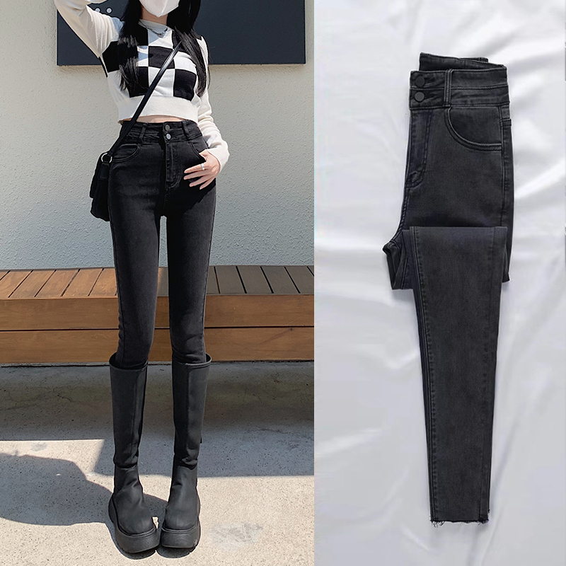 Black and Gray Skinny Jeans for Women, High-Waisted, New Spring and Autumn Style, Stretchy, Slim-Fitting, Nine-Point Length, Tight Pencil Pants for Outerwear Black and Gray Skinny Jeans for Women, High-Waisted, New Spring and Autumn Style, Stretchy, Slim-Fitting, Nine-Point Length, Tight Pencil Pants for Outerwear