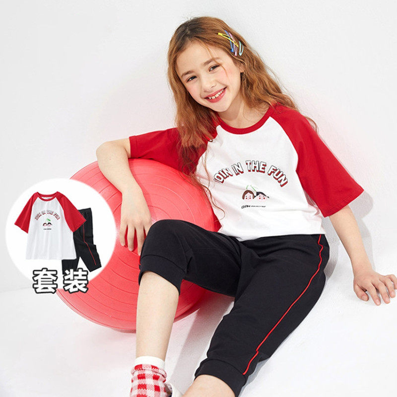 Bambara girls' net red suit foreign style 2021 summer new middle and big children's children's cropped pants short-sleeved two-piece set
