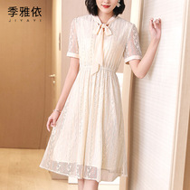 Light ripe wind lace mesh dress summer 2021 new mature wind retro short-sleeved lace-up skirt for women