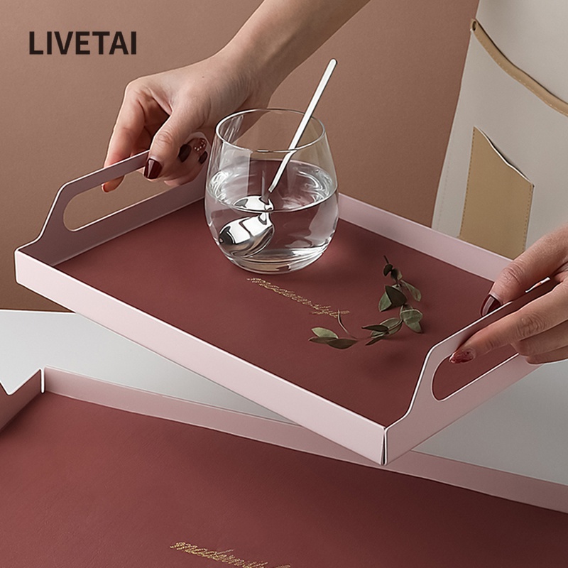 LIVETAI Entrusted Trays Long Morandi Iron Art Leather Containing Pan Light Lavish Jewelry Ink Green Home Water Cup Nursery