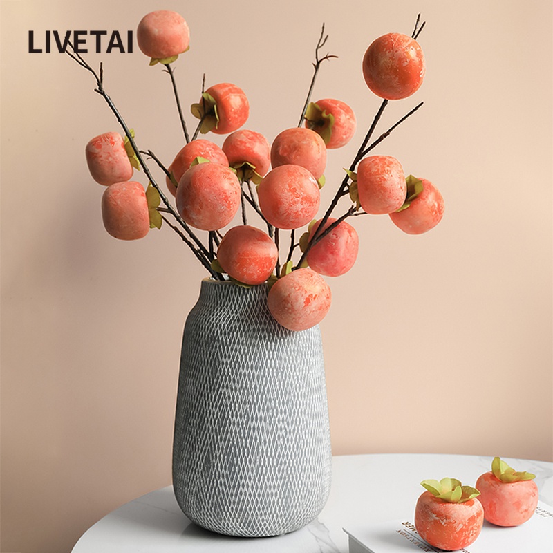 LIVETAI New Year Persimmon Tree Branches Simulation Flower Living Room Furnishing-style Room Pendulum with dried tomatoes Ruyi decoration