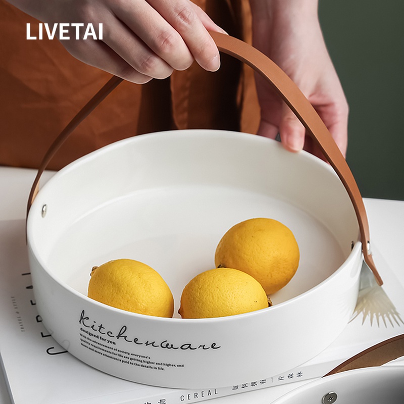 LIVETAI Nordic ins leather light luxury white tray household ceramic snack plate fruit plate dried fruit plate