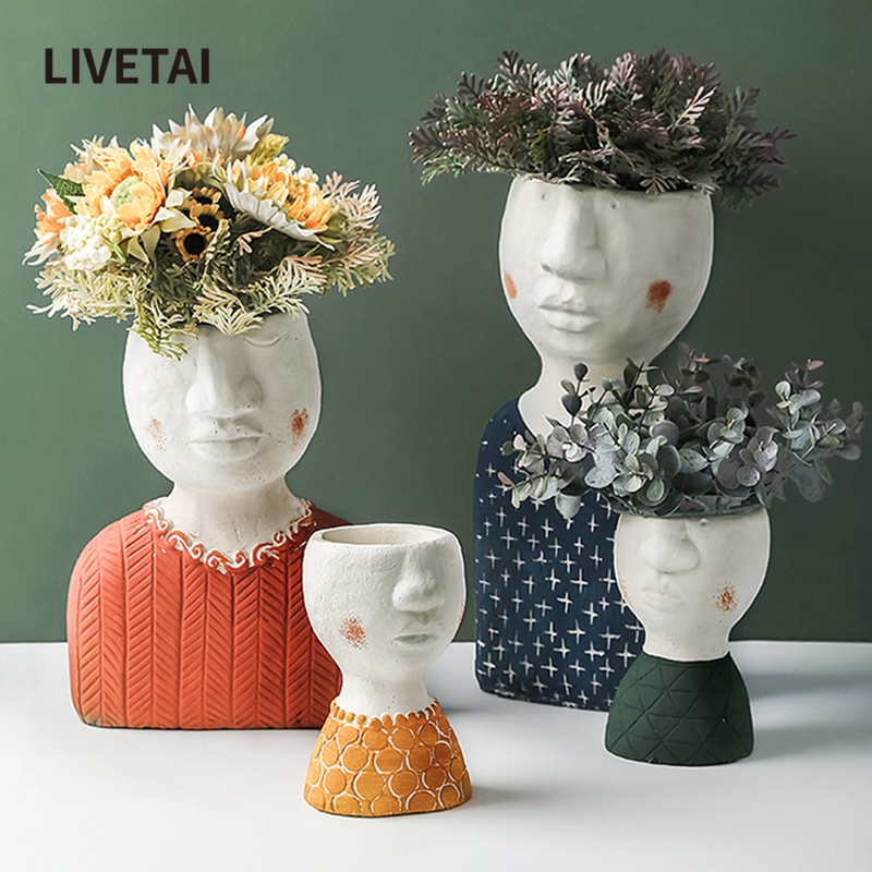 LIVETAI creative face sculpture decorated with cement flowerpots family of four-mouth green vegetable garden potted outdoor pendulum