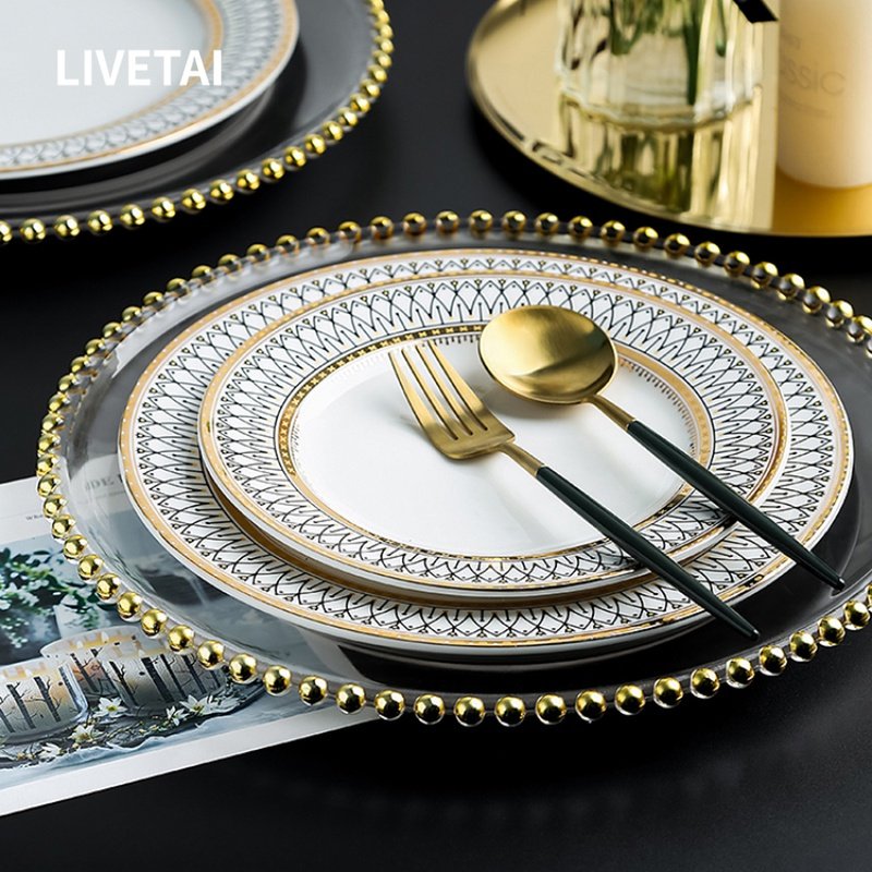 LIVETAI European Ceramic Ornaments Home Pearl Plate Salad Steak Western Food Tableware Plate Decorative Pad