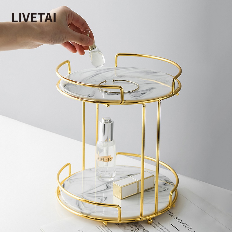 LIVETAI light luxury rotatable dark green gold makeup skin care storage finishing desktop dressing table multi-layer storage rack