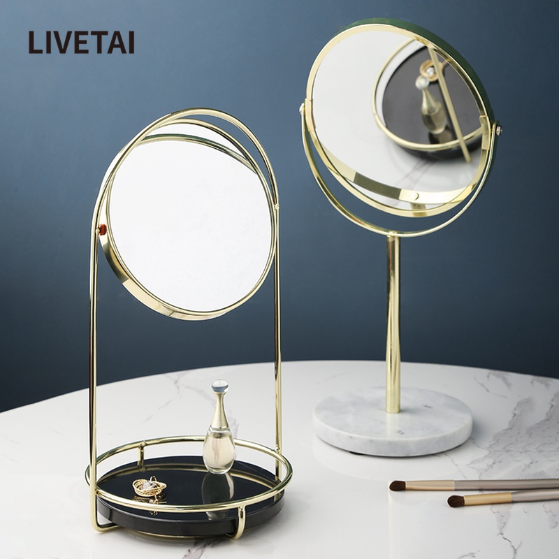 LIVETAI Nordic ins gold light lavish marble base Makeup Bench double sided Bedroom table hem Cosmetic Mirror