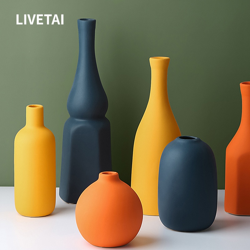 LIVETAI Soft-loaded ceramic vase Morandi Ornament Living-room Wine Cabinet Small Pendulum With Fine Mouth Flower Arrangement Dry Flower Floral