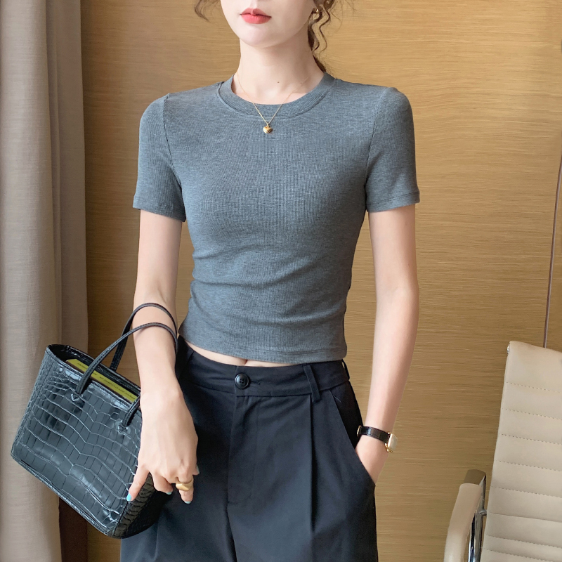 Gray Short Basic Short-Sleeved T-Shirt for Women, Summer 2026 New Style, Knitted High-Waisted Tight-Fitting Regular Shoulder Half-Sleeve Crop Top