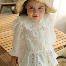 Spring INS girls shirt Japanese and Korean retro long sleeve Hollow shirt cotton Joker temperament cute lapel cardigan