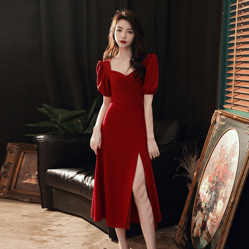 Wine Red Color Toast Bridal Summer Engagement Little Sub Superior Gown Dress Back Door Foreign Dress Normal Wear