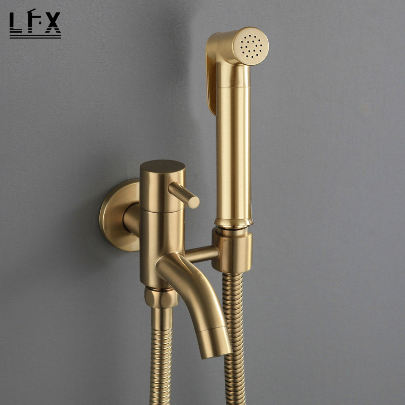 Wire Drawing Gold High-pressure Toilet Spray Gun Booster Flush Cleaner Tap Washing woman cleaner nozzle All copper European-style home