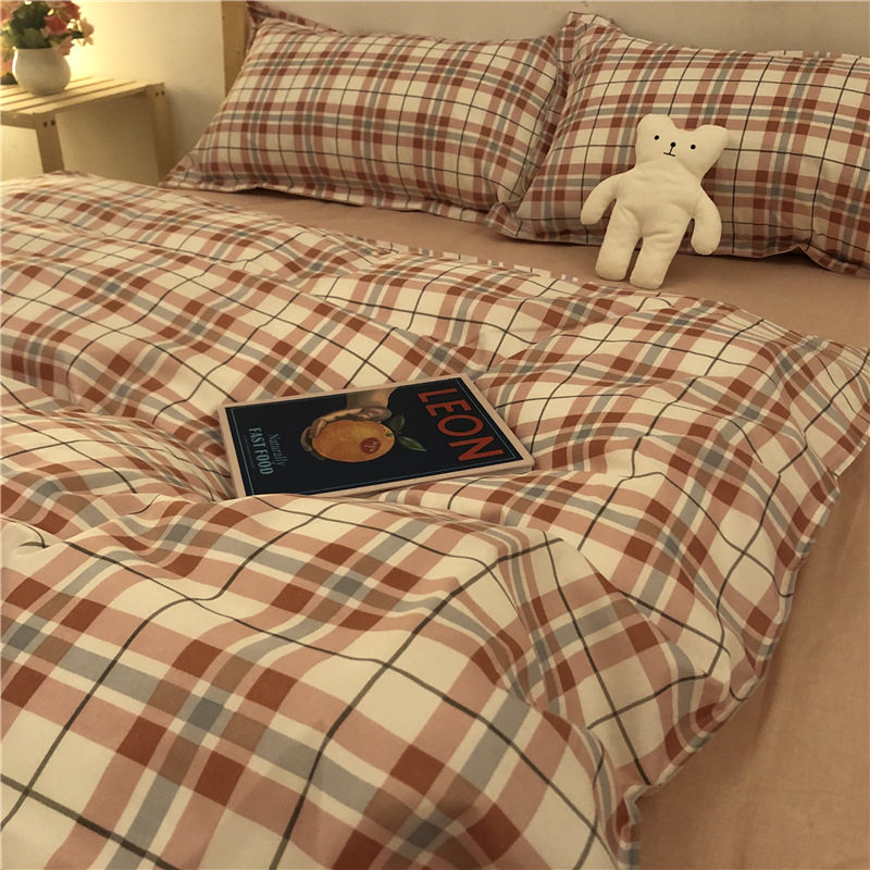 Red grid four pieces of bed sheet fabric pure cotton Nordic style nude sleep minimalist Dormitory Three Sets of pins net red