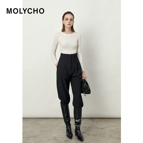 MOLY CHO Черные штаны, осенний костюм, высокая талия, свободный прямой крой, европейский стиль