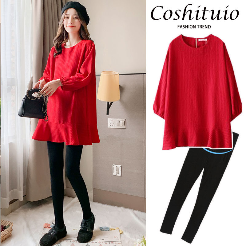 Pregnant Woman Spring Clothing Suit Fashion style net reddish red foreign spring and autumn cash jacket new small sub two-piece set 2022