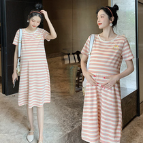 Maternity Dress Summer Dress 2020 Summer Fashion Striped Short Sleeve T-Shirt Dress Loose Tide Mom Long Cotton Skirt