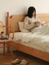 Rattan Japanese-style rattan bed rattan bed home master bedroom double bed simple Nordic retro cherry wood 1 8-meter bed