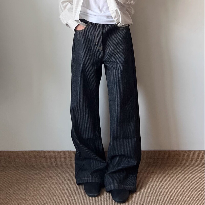 Xanvas Black Dark Blue Striped Raw Denim 14oz Washed Straight-Leg Flared Wide-Leg A-Line Jeans Versatile