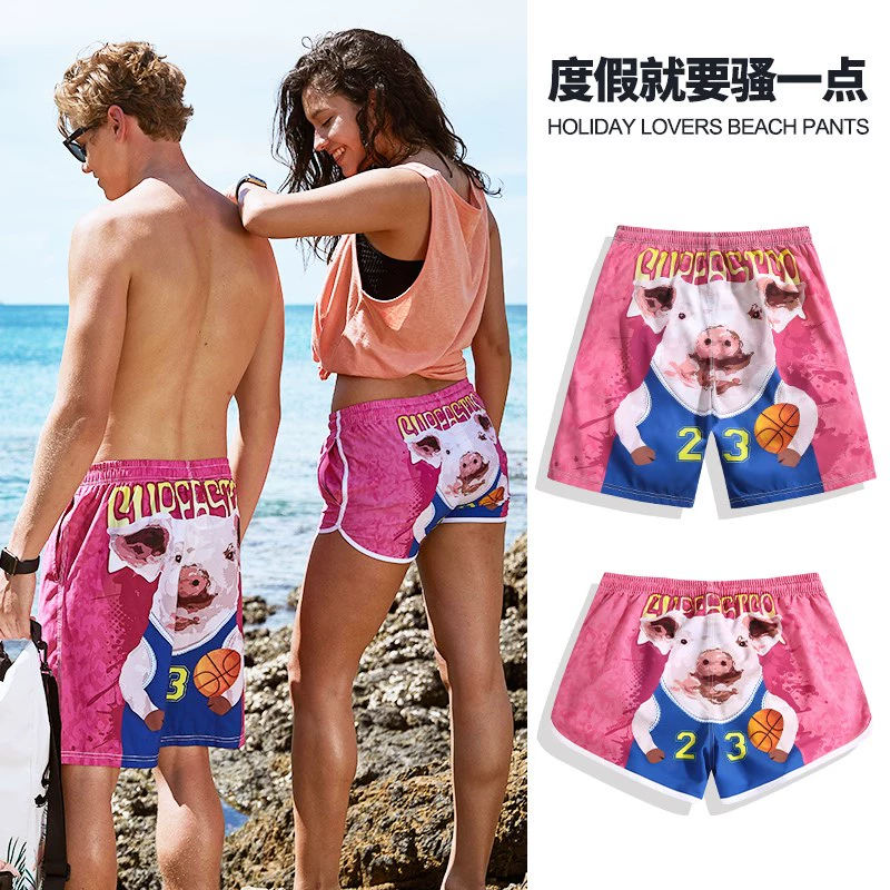 . Các cặp đôi mặc quần đi biển hoa nam quần bơi năm điểm bên bờ biển đi nghỉ mát áo tắm phù hợp với quần đùi rộng rãi khô nhanh - Quần bãi biển