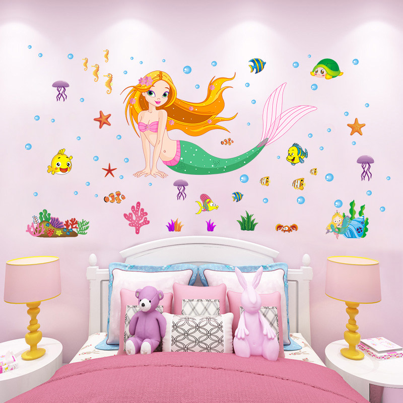 Kindergarten cartoon wall stickers children's room cute girl bedside stickers mermaid wallpaper removable waterproof stickers