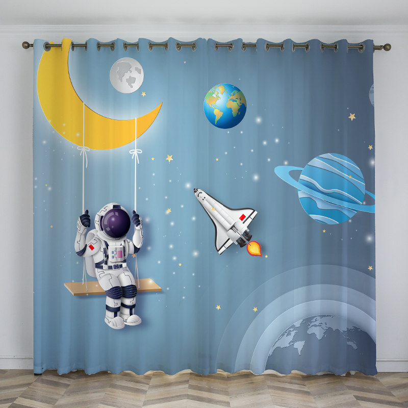 2022 New Kids Room Curtains Boys Bedroom Universe Rocket Cartoon Space Astronaut Planet Bay Window Blackout
