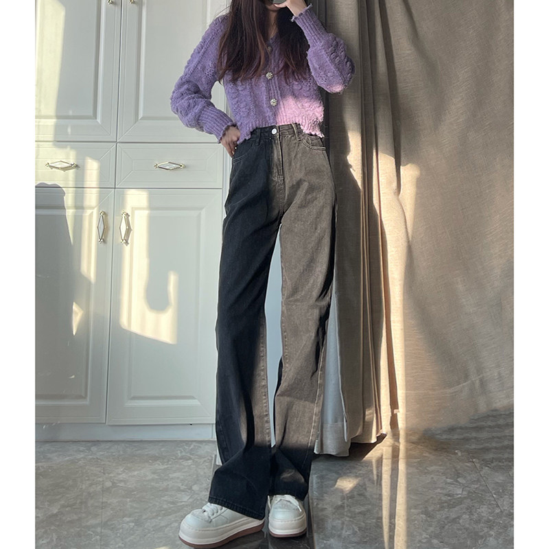 earned Korean version lengthened jeans female straight drum towering high waist width pants loose and thin washed long pants retro