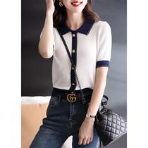 2021 autumn new Korean version polo collar gentle wind color wild casual ice silk sweater short-sleeved T-shirt tide