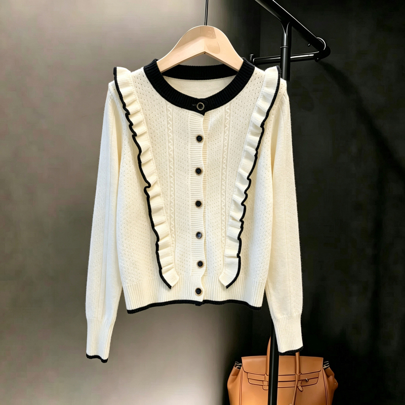 Chanel-Style Ruffled Color-Block Long-Sleeve Knit Cardigan for Women, 2026 Autumn New Fashion Sweater, Slimming and Elegant Top