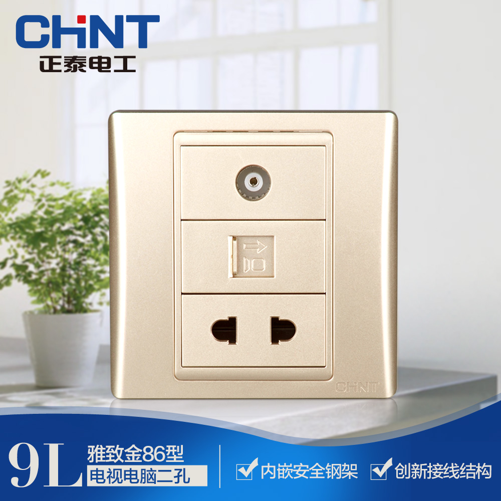 Zhengtai 120 Type 86 Type 9L Safety Steel Frame Wall Switch Socket Golden Two-Hole TV Computer Wired Network Plug