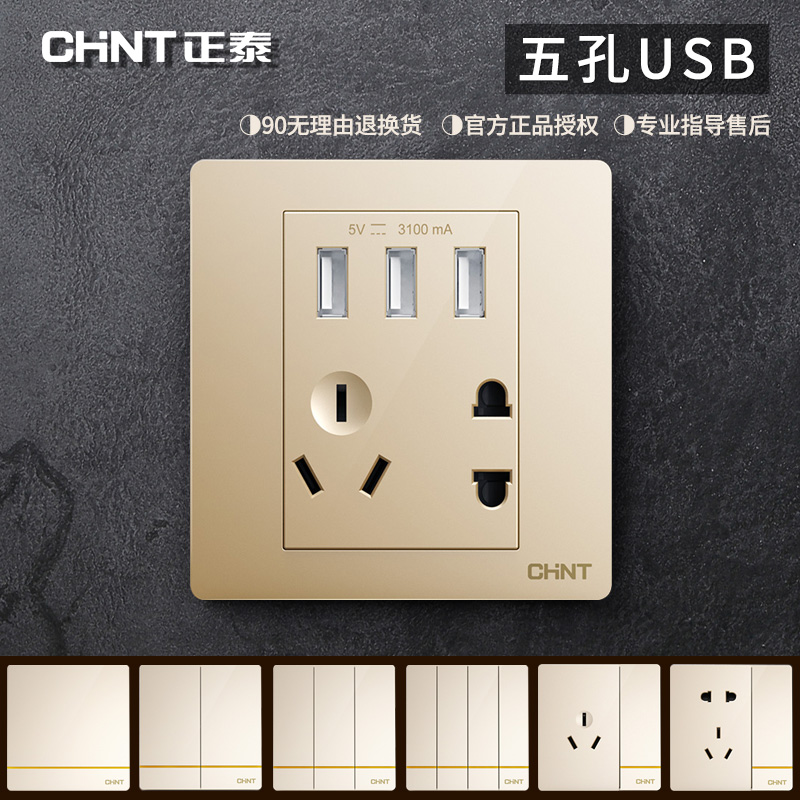 Chint 86 socket champagne gold five-hole 3-port high-power USB mobile phone charging fast charge 3 1A smart panel concealed