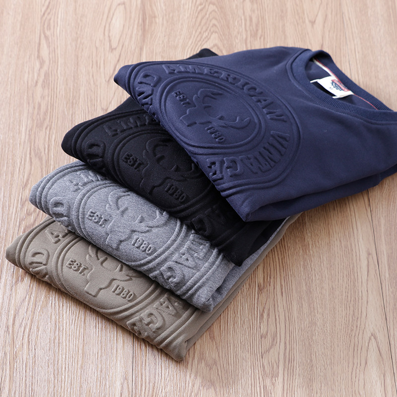 American click-style Breeze Solid Letter Tide Embossing Pure Color Fall Pop Round Collar Workout Woolen Sweatshirt-Taobao