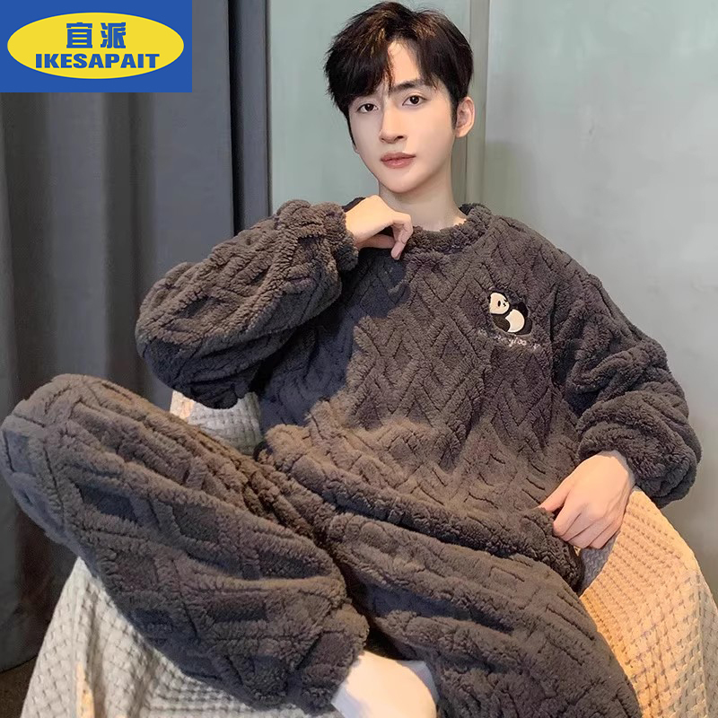 Men's Pajamas for Spring, Autumn, and Winter 2026 New Style, Fleece-Lined and Thickened Coral Fleece, Youth Men's Loungewear Set