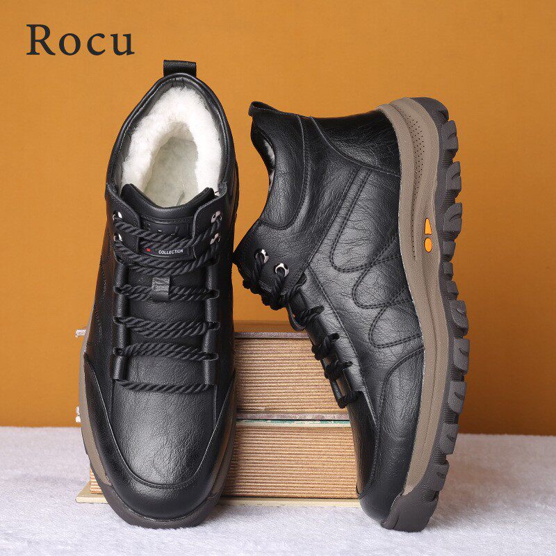 ROCU winter cotton shoes men's middle-aged and elderly non-slip warm plus velvet casual leather shoes snow boots genuine leather fur