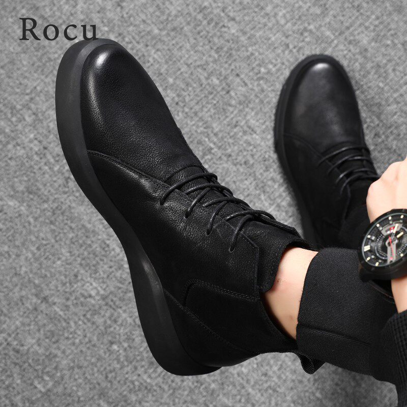Rocumen Martin Boots Trends Black High Help Light Lavish New Tooling Boots Thick Bottom Genuine Leather Leather Shoes Autumn 100 lap 