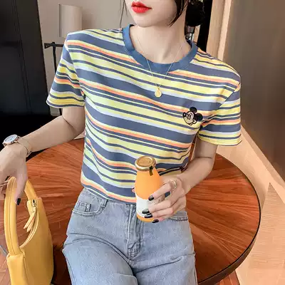 Mickey T-Shirt Women's Summer Dress Star Same Loose Korean Joker Cotton Stripes Mickey Mouse Short Sleeve ins Tide