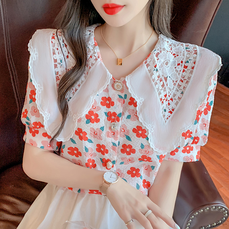 Picture Color XL2021 summer new pattern Hollow out Lace Doll Collar Sweet the republic of korea puff sleeve flower Gentle wind printing shirt female