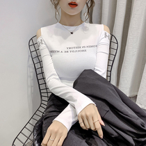  Autumn new Korean version of bright diamond letter printing machine fashion off-the-shoulder tight bottoming top long-sleeved T-shirt women