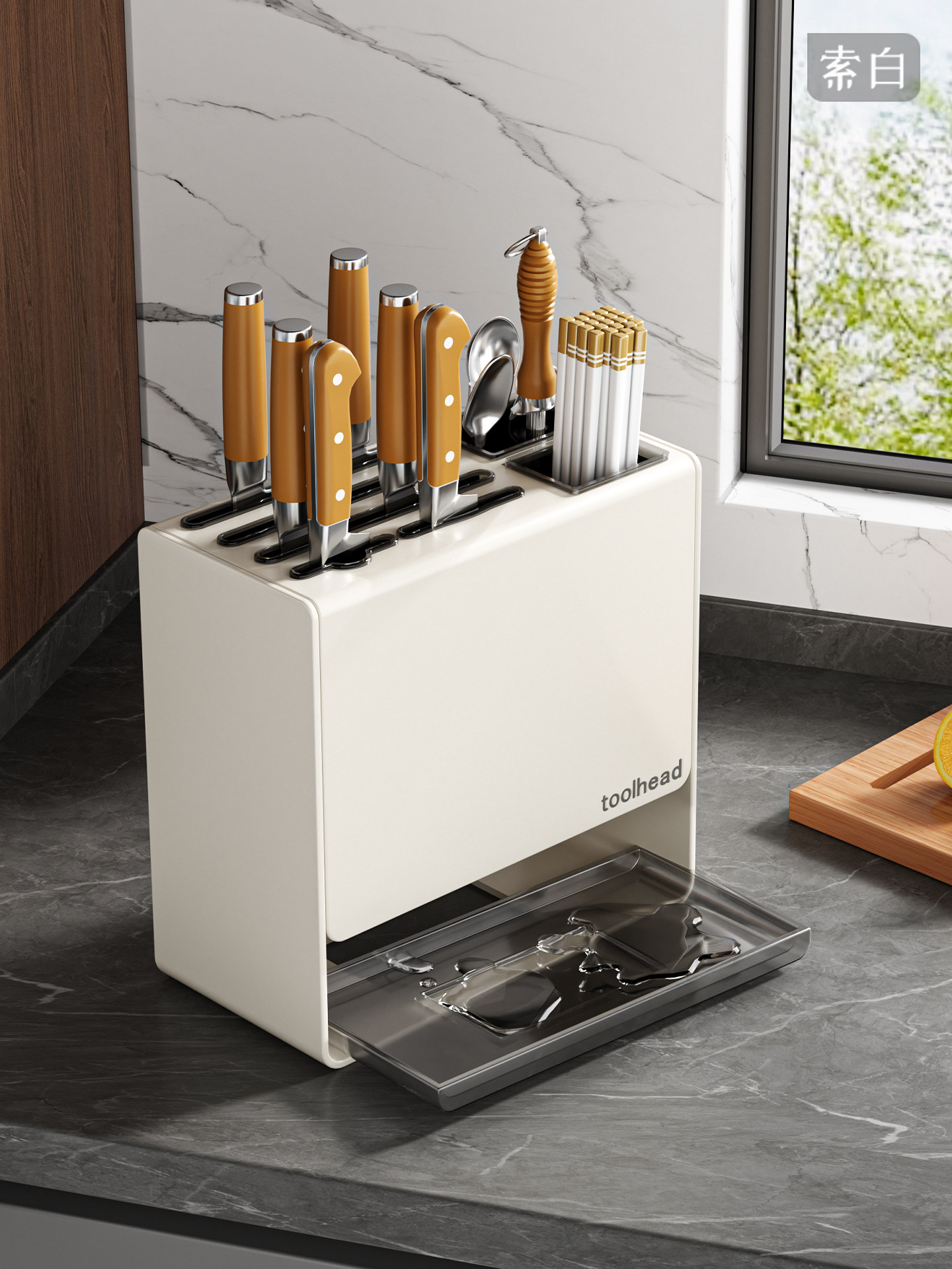 Kitchen Knife Holder and Chopstick Holder Integrated Storage Rack, No-Drill Household Countertop Knife Storage Rack, Knife Stand Placement Rack