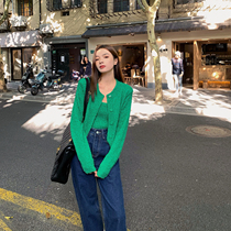 MUJINLU Green Harness Vest Suit Blouse Women Fall Loose Cardiovert Sweater Knit Two Suits
